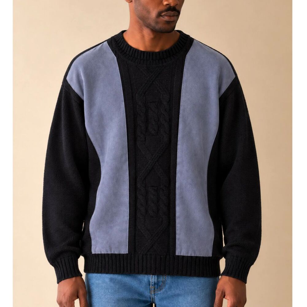 Vtg Gochu Mens Size M Black Gray Cable Knit Suede Panel Sweater 90s Minimalist